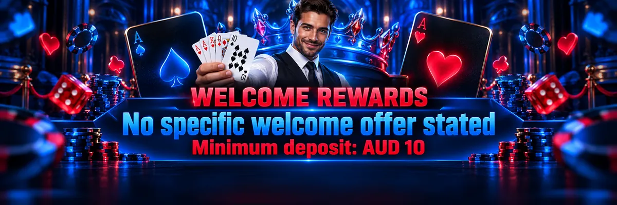 A smiling casino host presents playing cards beside a crown and blue-red promotional panels.